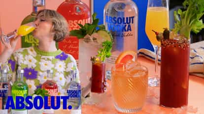 Two separate images combined, the first of influencer Elise sipping a Mimosa made with Absolut Vodka, the second is of two cocktails and a bottle of Absolut Vodka in the background