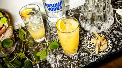 Two tall glasses filled with ice and a yellow cocktail garnished with orange slices sit on a dark marble countertop. In the background are a vodka bottle, scattered ice cubes, a glass vase, a potted plant, and a small dish with pickled vegetables.
