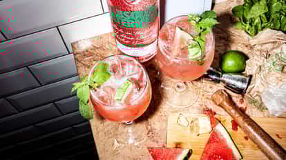 Watermelon Spritz next to a bottle of Absolut Watermelon.