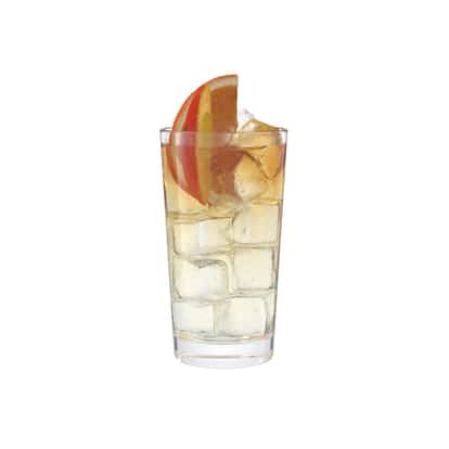 Absolut Peach Dream in a highball glass with ice cubes and peach slices on white background