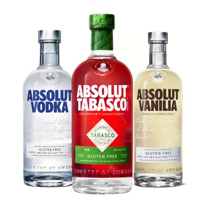 Absolut Original 750ml Bottle, Absolut Tabasco 750ml Bottle, Absolut Vanilia 750ml Bottle