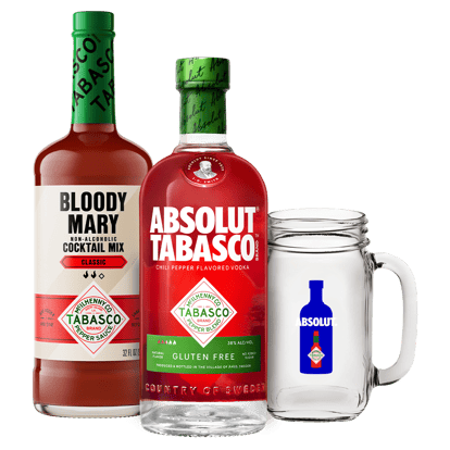 Absolut Tabasco Bloody Mary Cocktail kit with: Bloody Mary Cocktail Mix, Absolut Tabasco 750ml Bottle, Absolut Tabasco mason jar
