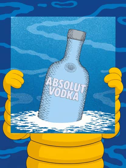 KAWS original painting featured on the Absolut KAWS bottle, showing a faceless Chum holding a painting of an Absolut vodka bottle bobbing in the sea.