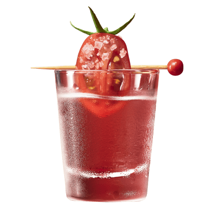 One Shot Mary: ein scharf-würziger Kurzer mit Absolut Wodka Tabasco und einer gesalzenen Cherrytomate