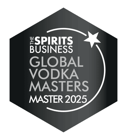 Black hexagonal badge reading “The Spirits Business Global Vodka Masters – Master 2025”