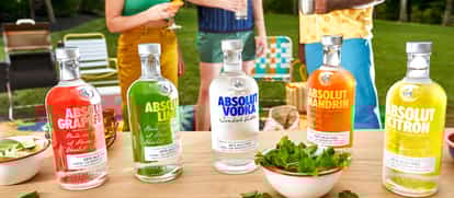 Imagem de uma mesa ao ar livre com cinco garrafas de vodka Absolut, uma pura e as outras saborizadas, um pote com hortelã e outros potes espalhados. Ao fundo, três pessoas em pé com cadeiras de praia.